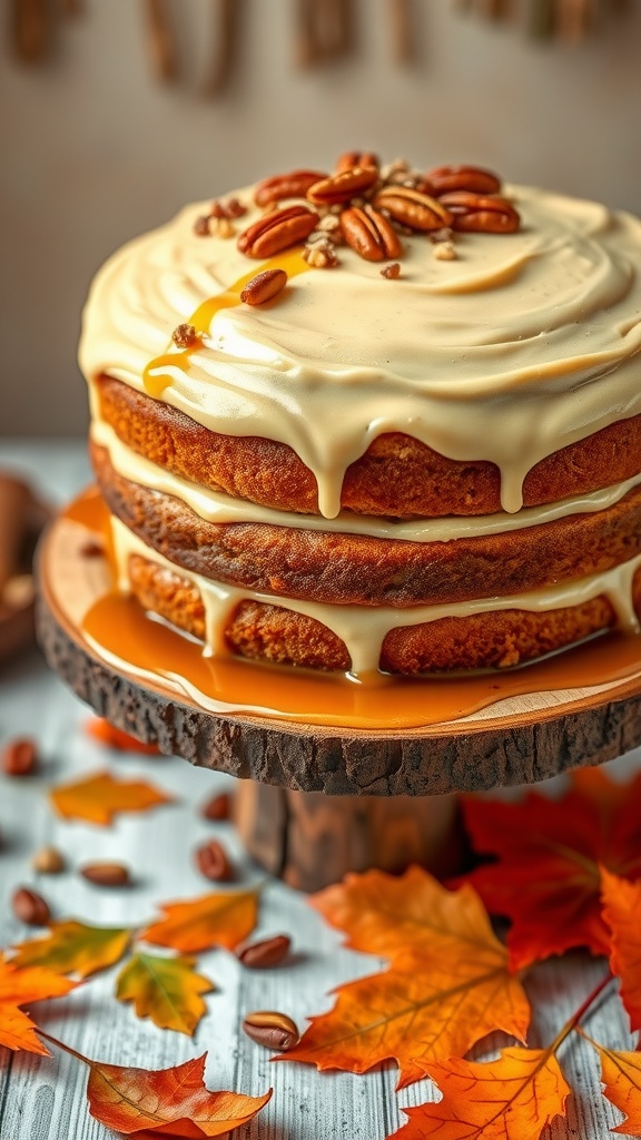 Layered Maple Pecan Cake with frosting and pecans on a wooden stand, decorated with autumn leaves.